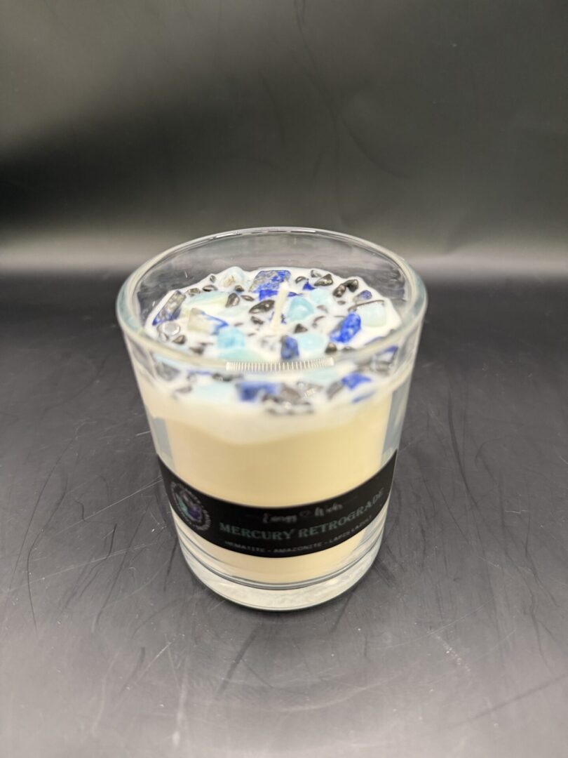 Energy & Wicks “Mercury Retrograde” Candle – Hematite, Amazonite & Lapis Lazuli